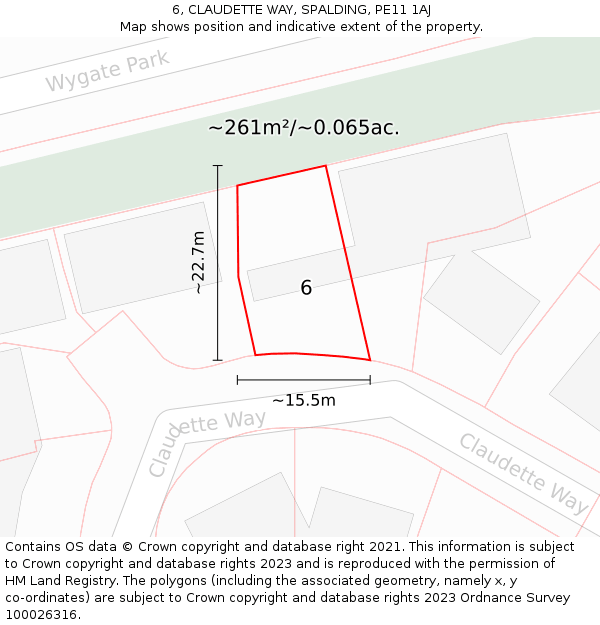 6, CLAUDETTE WAY, SPALDING, PE11 1AJ: Plot and title map