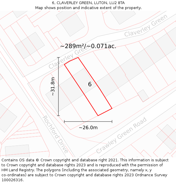 6, CLAVERLEY GREEN, LUTON, LU2 8TA: Plot and title map