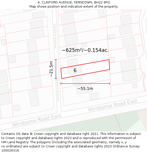 6, CLAYFORD AVENUE, FERNDOWN, BH22 9PG: Plot and title map