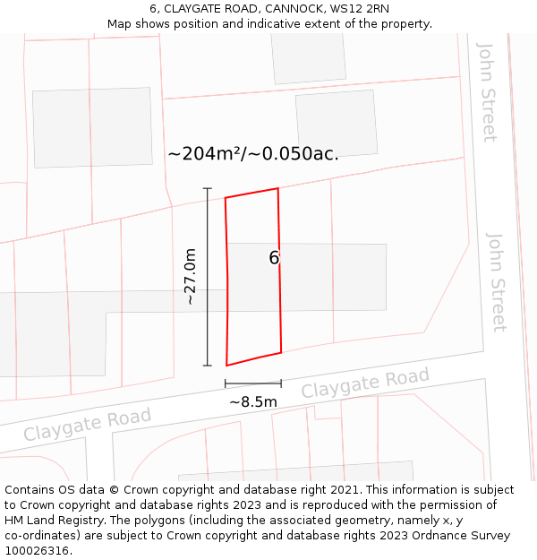 6, CLAYGATE ROAD, CANNOCK, WS12 2RN: Plot and title map