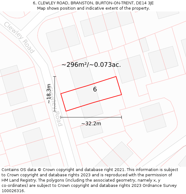 6, CLEWLEY ROAD, BRANSTON, BURTON-ON-TRENT, DE14 3JE: Plot and title map