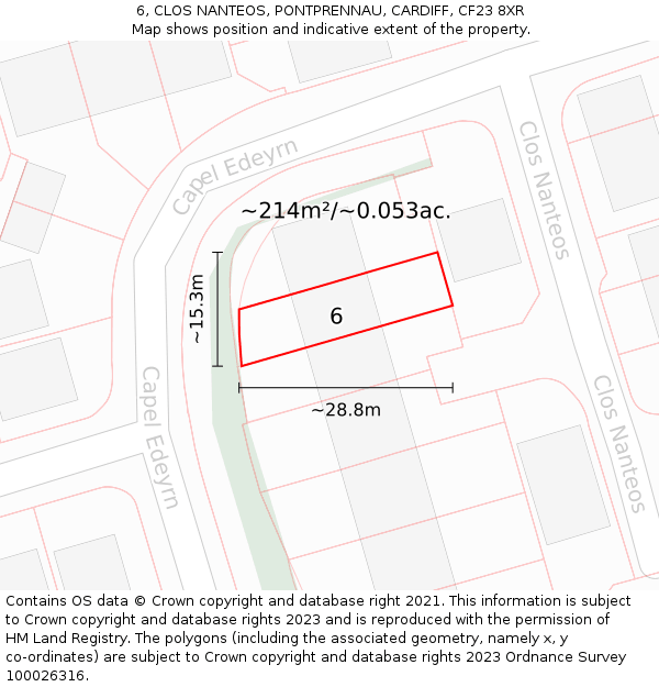 6, CLOS NANTEOS, PONTPRENNAU, CARDIFF, CF23 8XR: Plot and title map