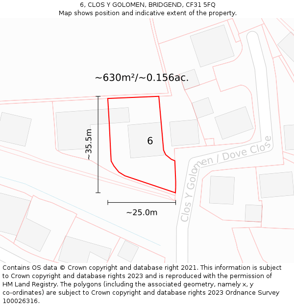 6, CLOS Y GOLOMEN, BRIDGEND, CF31 5FQ: Plot and title map