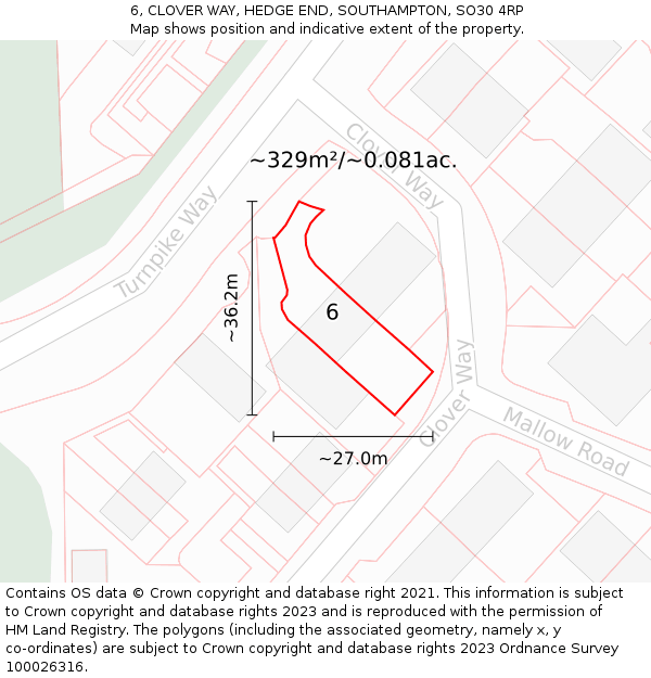 6, CLOVER WAY, HEDGE END, SOUTHAMPTON, SO30 4RP: Plot and title map