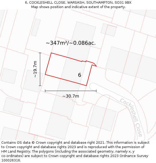 6, COCKLESHELL CLOSE, WARSASH, SOUTHAMPTON, SO31 9BX: Plot and title map