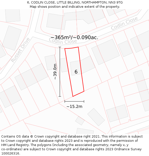 6, CODLIN CLOSE, LITTLE BILLING, NORTHAMPTON, NN3 9TG: Plot and title map