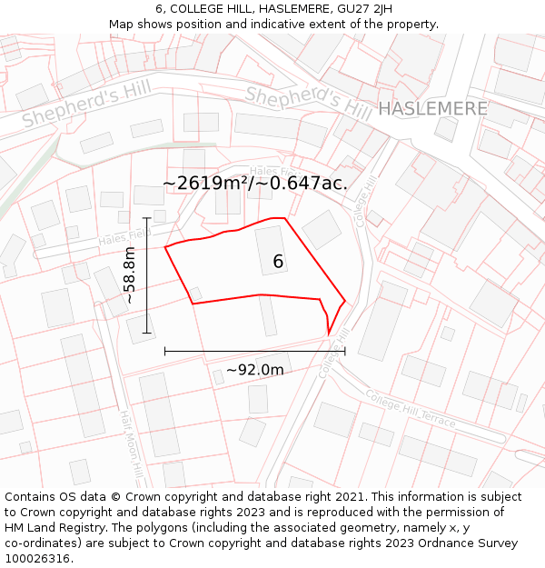 6, COLLEGE HILL, HASLEMERE, GU27 2JH: Plot and title map