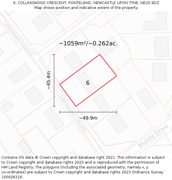 6, COLLINGWOOD CRESCENT, PONTELAND, NEWCASTLE UPON TYNE, NE20 9DZ: Plot and title map