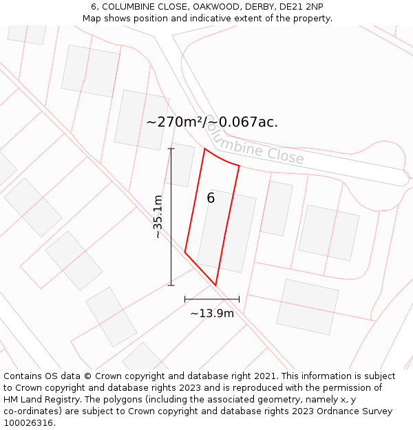 6, COLUMBINE CLOSE, OAKWOOD, DERBY, DE21 2NP: Plot and title map