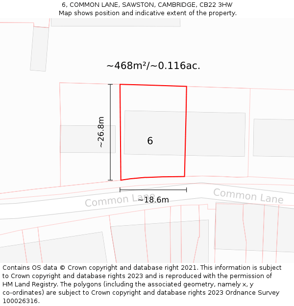 6, COMMON LANE, SAWSTON, CAMBRIDGE, CB22 3HW: Plot and title map