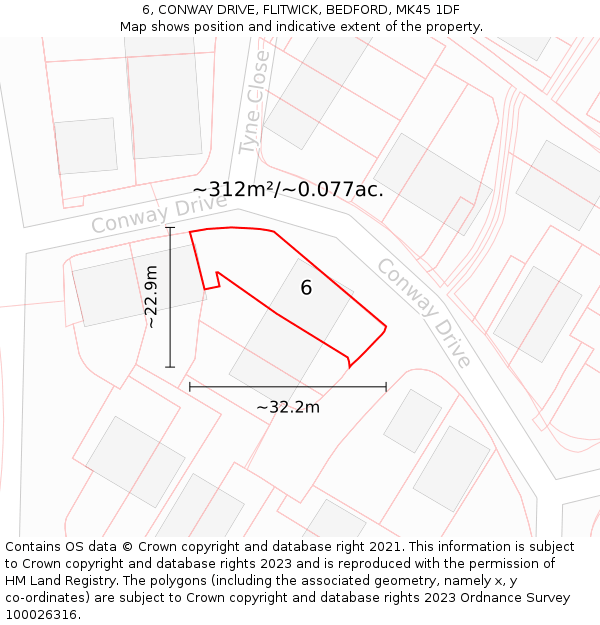 6, CONWAY DRIVE, FLITWICK, BEDFORD, MK45 1DF: Plot and title map