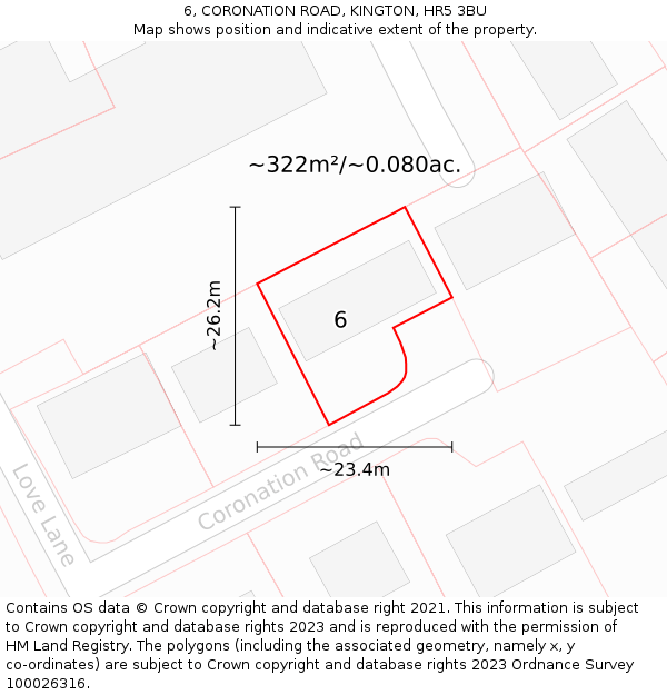 6, CORONATION ROAD, KINGTON, HR5 3BU: Plot and title map