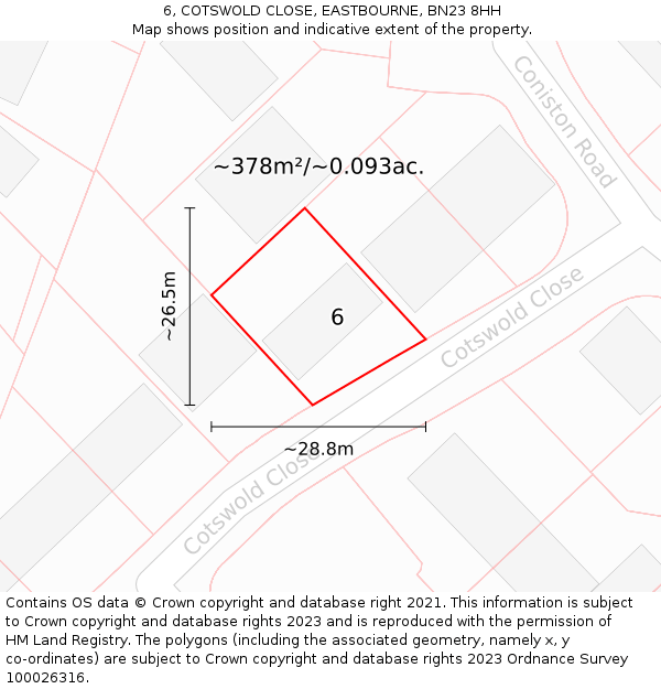 6, COTSWOLD CLOSE, EASTBOURNE, BN23 8HH: Plot and title map