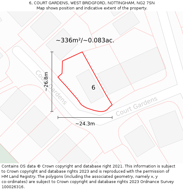 6, COURT GARDENS, WEST BRIDGFORD, NOTTINGHAM, NG2 7SN: Plot and title map