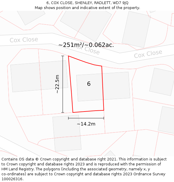 6, COX CLOSE, SHENLEY, RADLETT, WD7 9JQ: Plot and title map