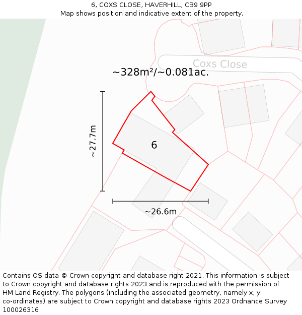 6, COXS CLOSE, HAVERHILL, CB9 9PP: Plot and title map