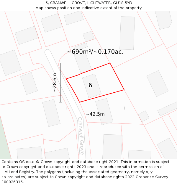 6, CRANWELL GROVE, LIGHTWATER, GU18 5YD: Plot and title map