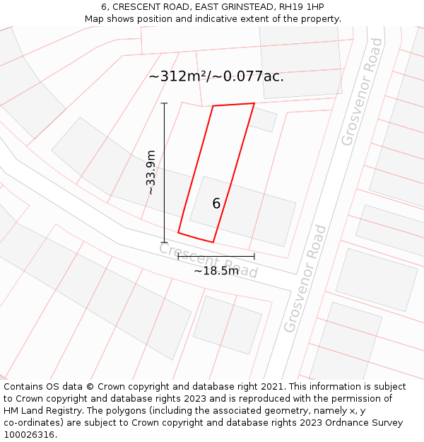 6, CRESCENT ROAD, EAST GRINSTEAD, RH19 1HP: Plot and title map