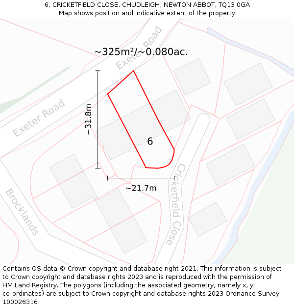 6, CRICKETFIELD CLOSE, CHUDLEIGH, NEWTON ABBOT, TQ13 0GA: Plot and title map