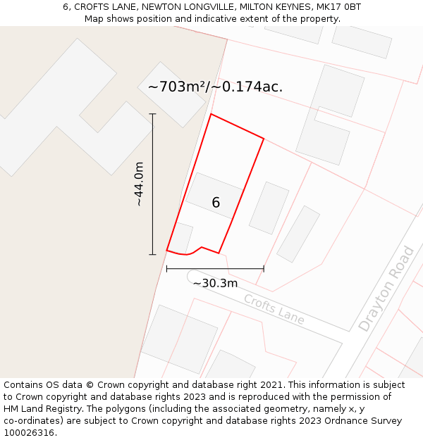 6, CROFTS LANE, NEWTON LONGVILLE, MILTON KEYNES, MK17 0BT: Plot and title map