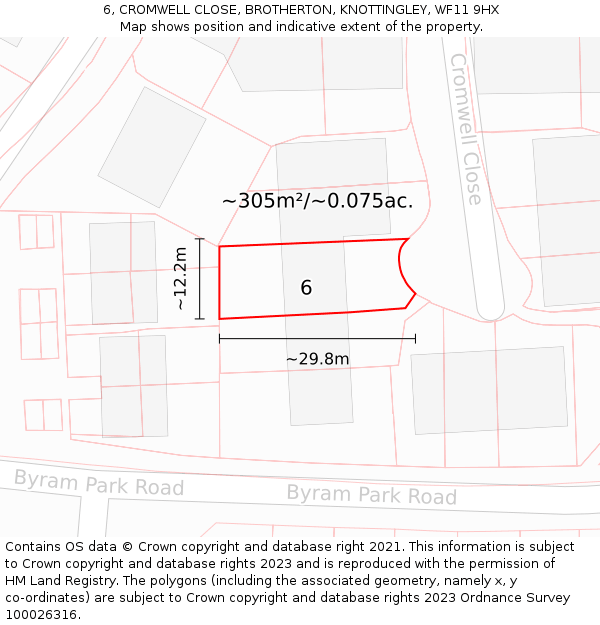 6, CROMWELL CLOSE, BROTHERTON, KNOTTINGLEY, WF11 9HX: Plot and title map