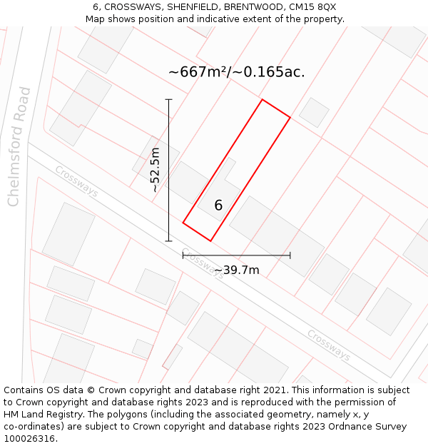 6, CROSSWAYS, SHENFIELD, BRENTWOOD, CM15 8QX: Plot and title map