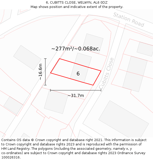 6, CUBITTS CLOSE, WELWYN, AL6 0DZ: Plot and title map