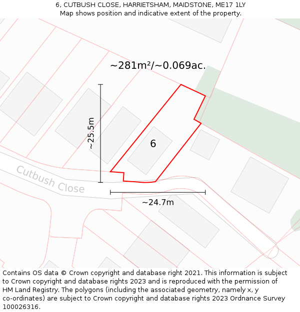 6, CUTBUSH CLOSE, HARRIETSHAM, MAIDSTONE, ME17 1LY: Plot and title map