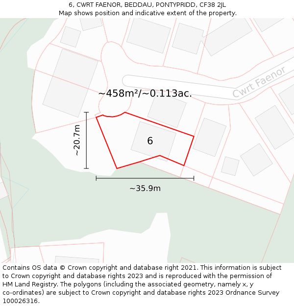 6, CWRT FAENOR, BEDDAU, PONTYPRIDD, CF38 2JL: Plot and title map