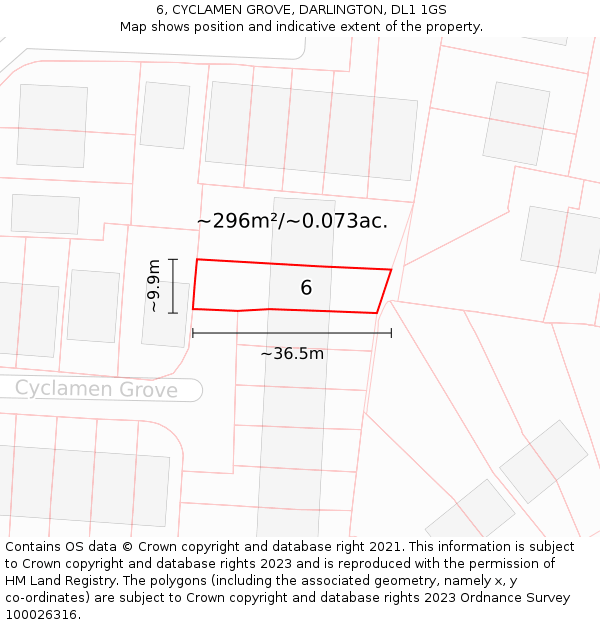 6, CYCLAMEN GROVE, DARLINGTON, DL1 1GS: Plot and title map