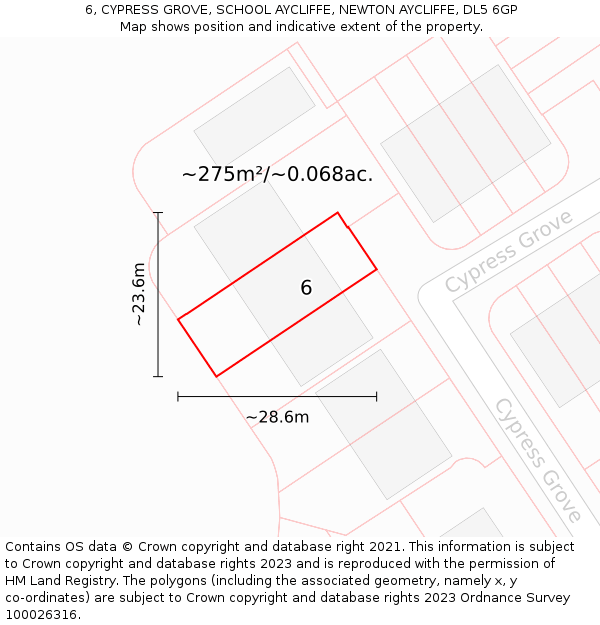 6, CYPRESS GROVE, SCHOOL AYCLIFFE, NEWTON AYCLIFFE, DL5 6GP: Plot and title map