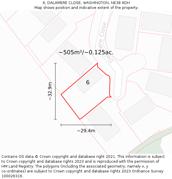 6, DALAMERE CLOSE, WASHINGTON, NE38 9DH: Plot and title map