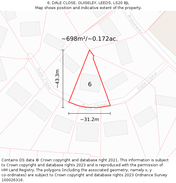 6, DALE CLOSE, GUISELEY, LEEDS, LS20 8JL: Plot and title map