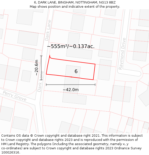 6, DARK LANE, BINGHAM, NOTTINGHAM, NG13 8BZ: Plot and title map