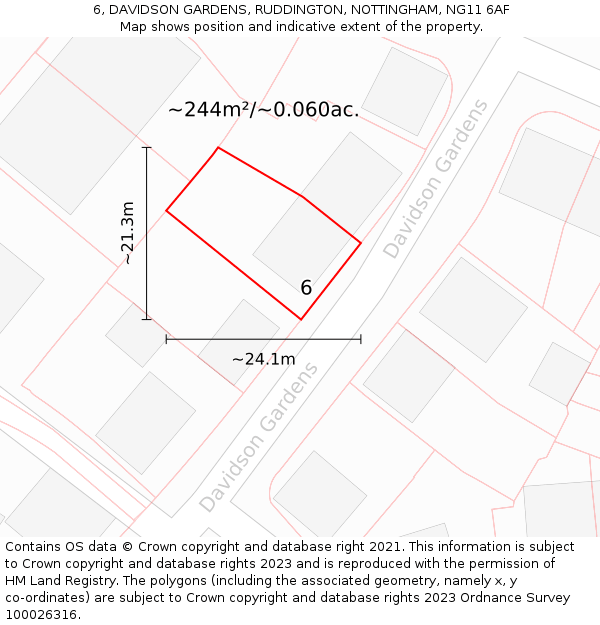 6, DAVIDSON GARDENS, RUDDINGTON, NOTTINGHAM, NG11 6AF: Plot and title map