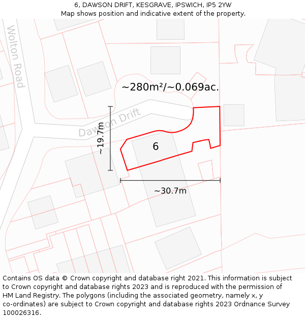 6, DAWSON DRIFT, KESGRAVE, IPSWICH, IP5 2YW: Plot and title map