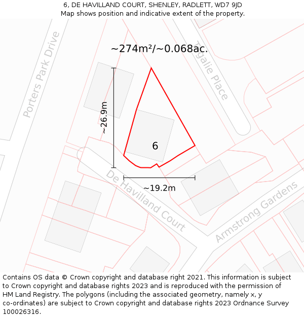 6, DE HAVILLAND COURT, SHENLEY, RADLETT, WD7 9JD: Plot and title map