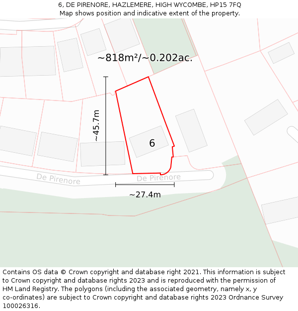 6, DE PIRENORE, HAZLEMERE, HIGH WYCOMBE, HP15 7FQ: Plot and title map