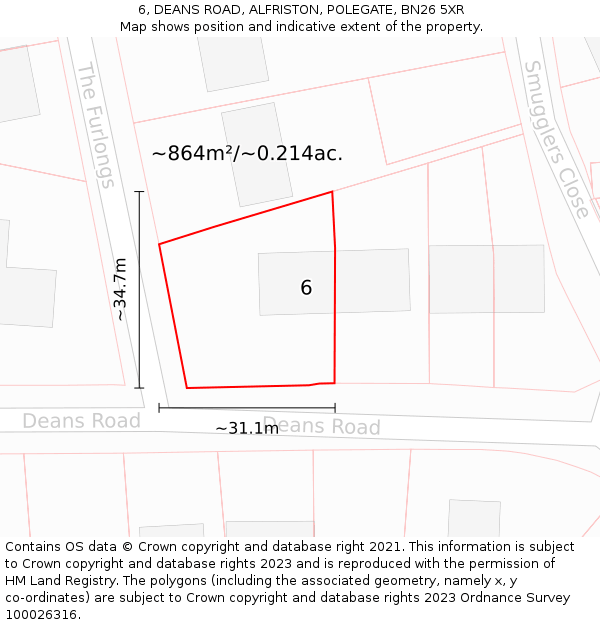 6, DEANS ROAD, ALFRISTON, POLEGATE, BN26 5XR: Plot and title map