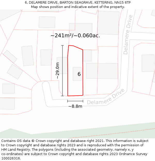 6, DELAMERE DRIVE, BARTON SEAGRAVE, KETTERING, NN15 6TP: Plot and title map