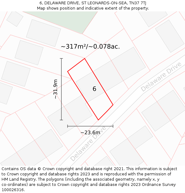 6, DELAWARE DRIVE, ST LEONARDS-ON-SEA, TN37 7TJ: Plot and title map