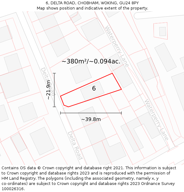 6, DELTA ROAD, CHOBHAM, WOKING, GU24 8PY: Plot and title map