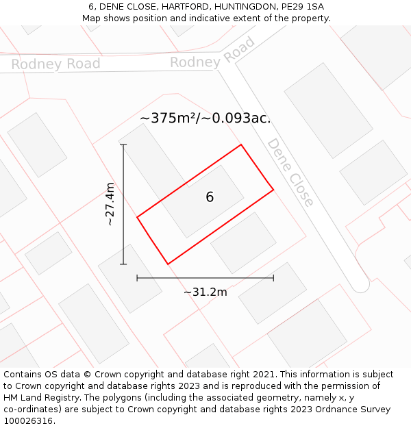 6, DENE CLOSE, HARTFORD, HUNTINGDON, PE29 1SA: Plot and title map