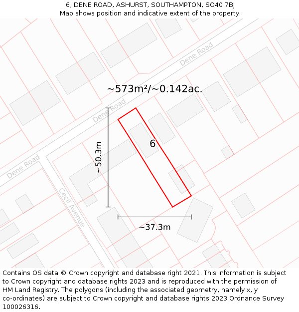 6, DENE ROAD, ASHURST, SOUTHAMPTON, SO40 7BJ: Plot and title map