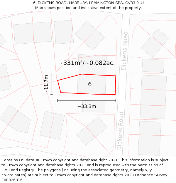 6, DICKENS ROAD, HARBURY, LEAMINGTON SPA, CV33 9LU: Plot and title map