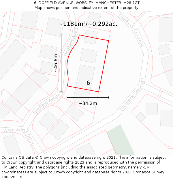 6, DOEFIELD AVENUE, WORSLEY, MANCHESTER, M28 7GT: Plot and title map