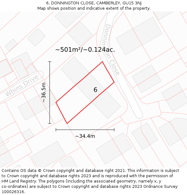 6, DONNINGTON CLOSE, CAMBERLEY, GU15 3NJ: Plot and title map