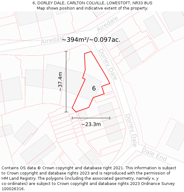 6, DORLEY DALE, CARLTON COLVILLE, LOWESTOFT, NR33 8US: Plot and title map