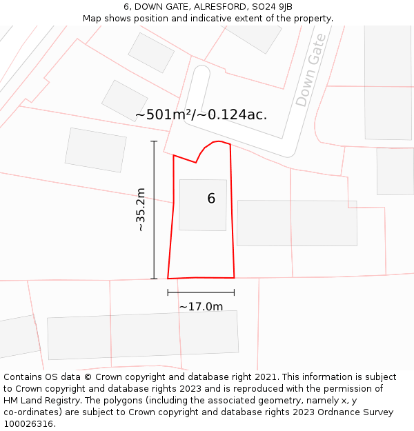 6, DOWN GATE, ALRESFORD, SO24 9JB: Plot and title map