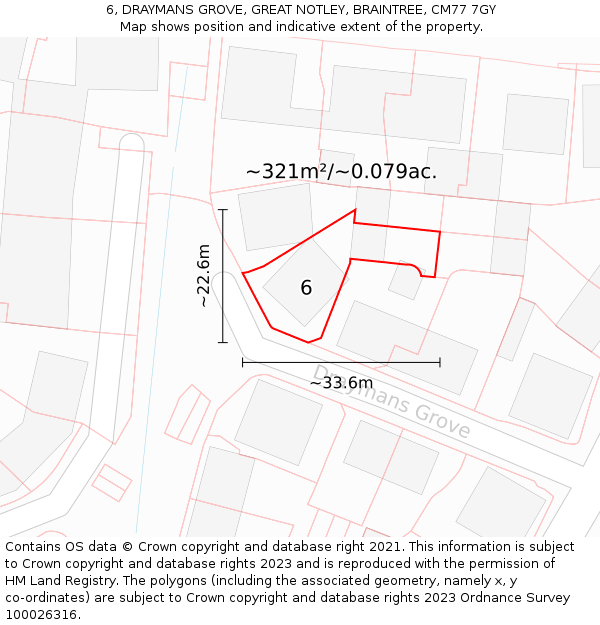 6, DRAYMANS GROVE, GREAT NOTLEY, BRAINTREE, CM77 7GY: Plot and title map